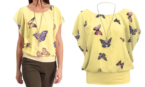 NEW WOMENS CHIFFON BUTTERFLY PRINT BLOUSE NECKLACE BATWING SUMMER LADIES TOP