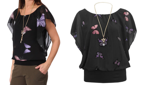 NEW WOMENS CHIFFON BUTTERFLY PRINT BLOUSE NECKLACE BATWING SUMMER LADIES TOP