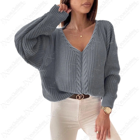 NEW WOMEN CABLE KNIT FRONT OVERSIZED JUMPER V NECK LONG SLEEVE LADIES WARM TOP