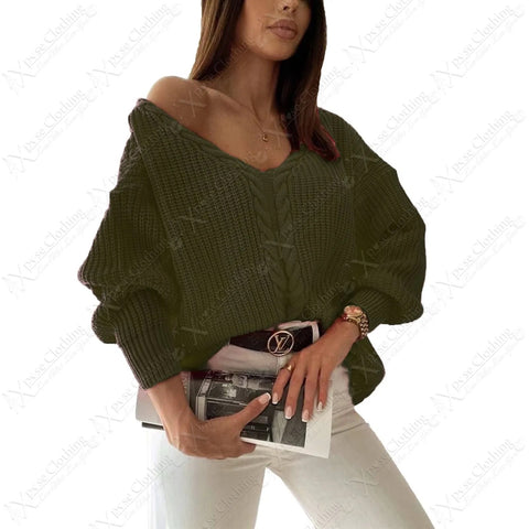 NEW WOMEN CABLE KNIT FRONT OVERSIZED JUMPER V NECK LONG SLEEVE LADIES WARM TOP