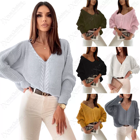 NEW WOMEN CABLE KNIT FRONT OVERSIZED JUMPER V NECK LONG SLEEVE LADIES WARM TOP