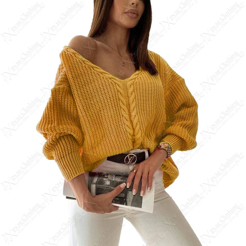 NEW WOMEN CABLE KNIT FRONT OVERSIZED JUMPER V NECK LONG SLEEVE LADIES WARM TOP