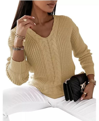 NEW WOMEN CABLE KNIT FRONT OVERSIZED JUMPER V NECK LONG SLEEVE LADIES WARM TOP