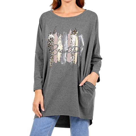 NEW LADIES OVERSIZED FOIL LEOPARD STRIPE PRINT BATWING LOOSE FIT SWEATSHIRT TOP
