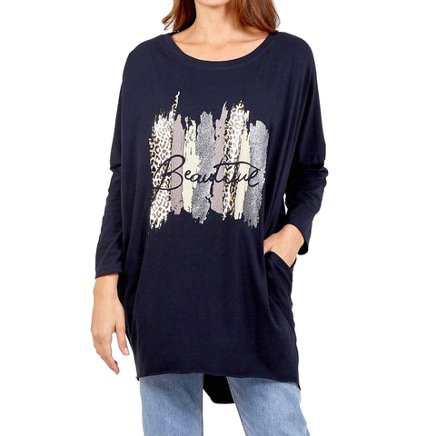 NEW LADIES OVERSIZED FOIL LEOPARD STRIPE PRINT BATWING LOOSE FIT SWEATSHIRT TOP
