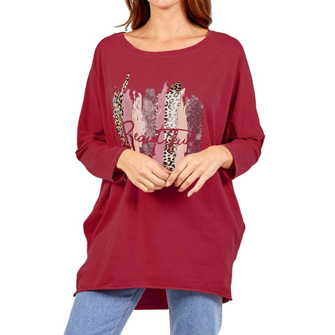 NEW LADIES OVERSIZED FOIL LEOPARD STRIPE PRINT BATWING LOOSE FIT SWEATSHIRT TOP