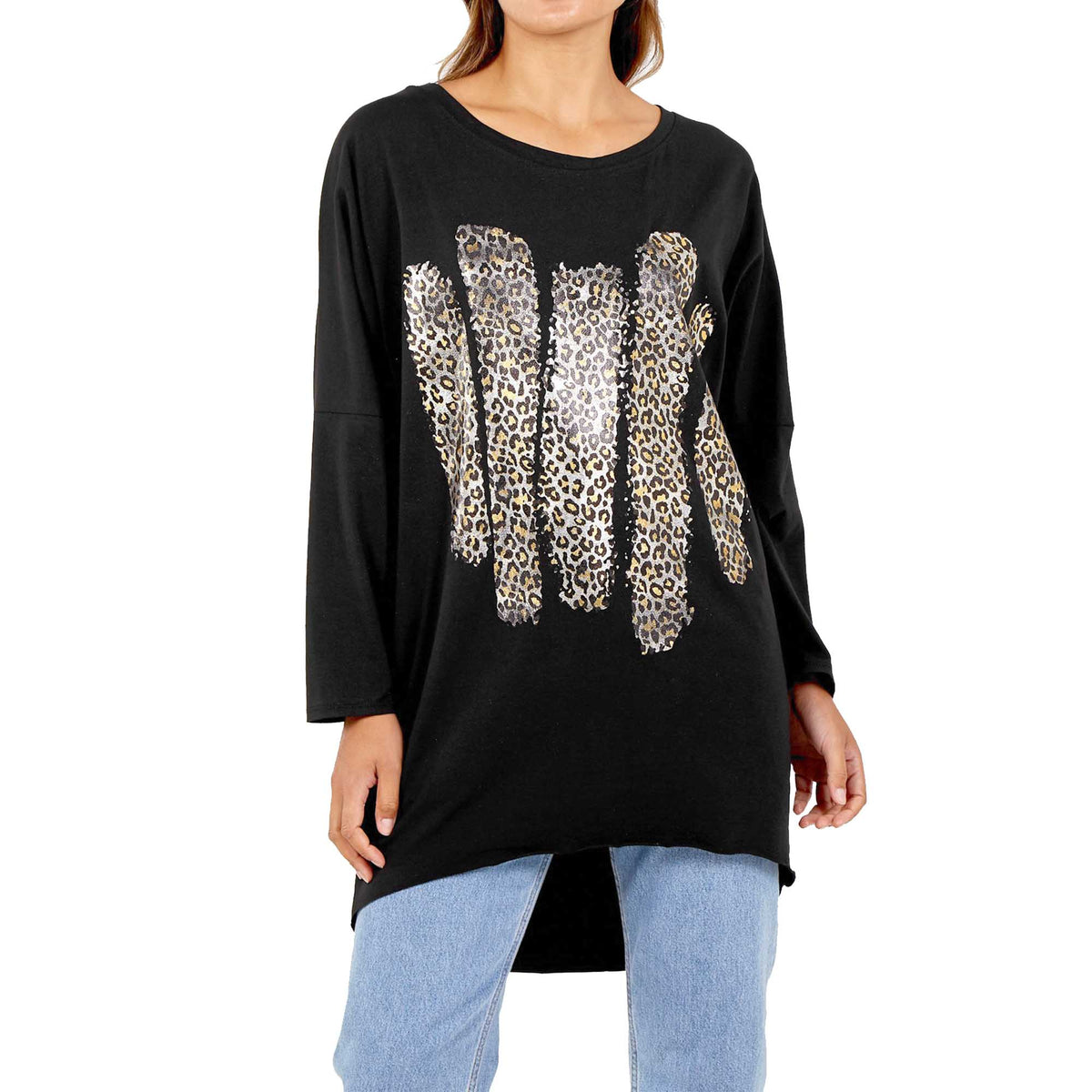 NEW LADIES OVERSIZED FOIL LEOPARD STRIPE PRINT BATWING LOOSE FIT SWEATSHIRT TOP