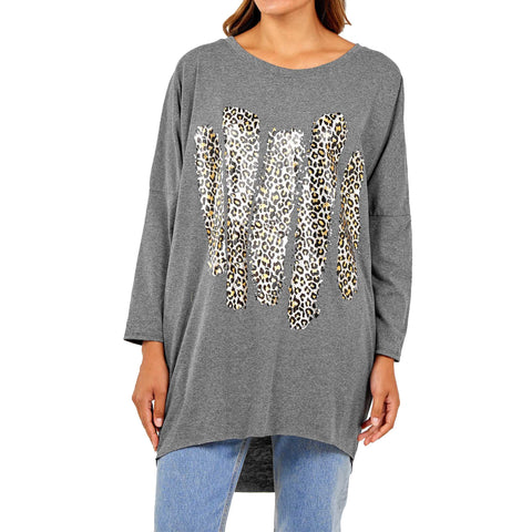 NEW LADIES OVERSIZED FOIL LEOPARD STRIPE PRINT BATWING LOOSE FIT SWEATSHIRT TOP
