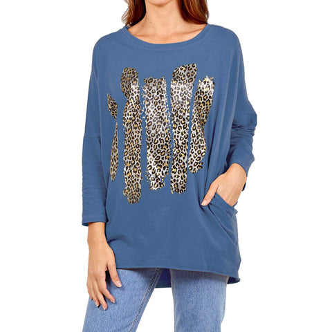 NEW LADIES OVERSIZED FOIL LEOPARD STRIPE PRINT BATWING LOOSE FIT SWEATSHIRT TOP