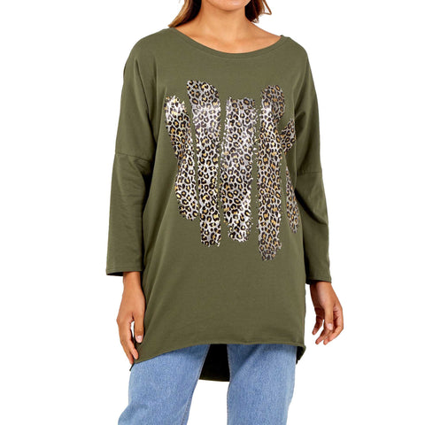 NEW LADIES OVERSIZED FOIL LEOPARD STRIPE PRINT BATWING LOOSE FIT SWEATSHIRT TOP