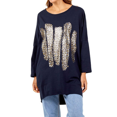 NEW LADIES OVERSIZED FOIL LEOPARD STRIPE PRINT BATWING LOOSE FIT SWEATSHIRT TOP