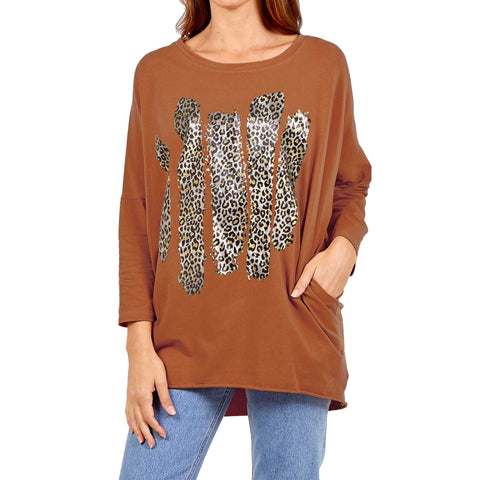 NEW LADIES OVERSIZED FOIL LEOPARD STRIPE PRINT BATWING LOOSE FIT SWEATSHIRT TOP