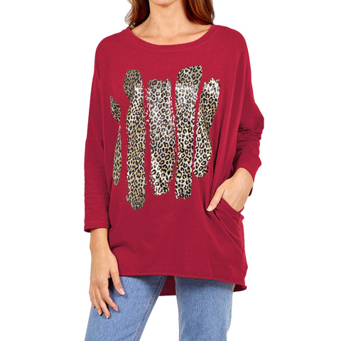 NEW LADIES OVERSIZED FOIL LEOPARD STRIPE PRINT BATWING LOOSE FIT SWEATSHIRT TOP
