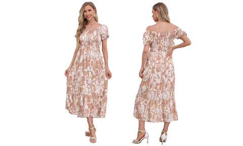 Women's Flower Paisley Print Linen Shirred Midi Dress