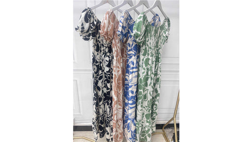 Women's Flower Paisley Print Linen Shirred Midi Dress