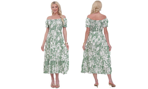Women's Flower Paisley Print Linen Shirred Midi Dress