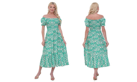 Women's Flower Paisley Print Linen Shirred Midi Dress