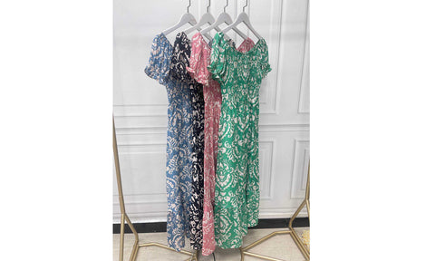 Women's Flower Paisley Print Linen Shirred Midi Dress