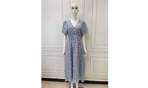 Women's Flower Paisley Print Linen Shirred Midi Dress