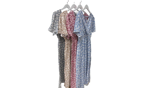 Women's Printed Linen Shirred Midi Dress