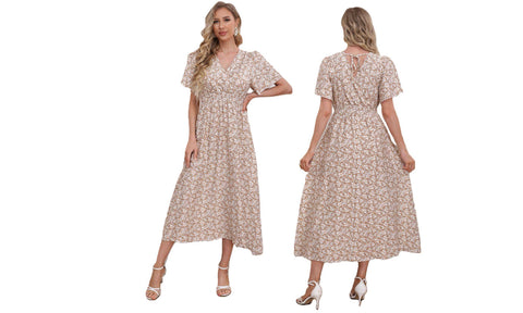 Women's Printed Linen Shirred Midi Dress