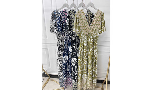 Women's Printed Linen Shirred Midi Dress
