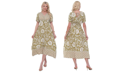 Women's Flower Paisley Print Linen Shirred Midi Dress