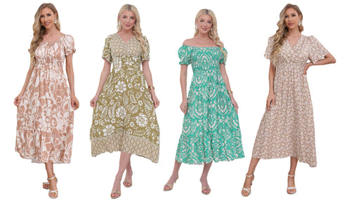 Women's Flower Paisley Print Linen Shirred Midi Dress