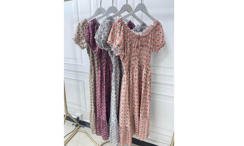 Women's Flower Paisley Print Linen Shirred Midi Dress