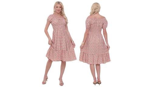 Women's Printed Bardot Gypsy Style Linen Midi Dresses