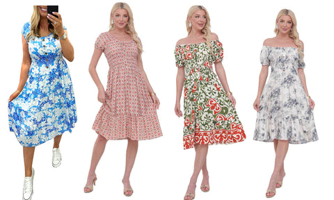 Women's Printed Bardot Gypsy Style Linen Midi Dresses