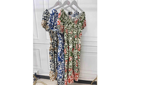 Women's Printed Bardot Gypsy Style Linen Midi Dresses