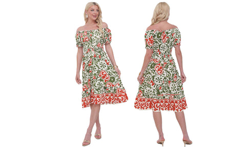 Women's Printed Bardot Gypsy Style Linen Midi Dresses