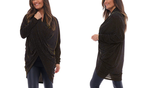 LADIES LUREX GLITTER CROSS OVER FRONT TOP WOMENS SPARKLY DRAPE V-NECK TOP