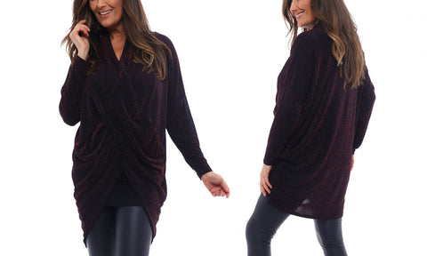 LADIES LUREX GLITTER CROSS OVER FRONT TOP WOMENS SPARKLY DRAPE V-NECK TOP