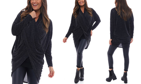 LADIES LUREX GLITTER CROSS OVER FRONT TOP WOMENS SPARKLY DRAPE V-NECK TOP