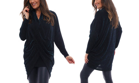 LADIES LUREX GLITTER CROSS OVER FRONT TOP WOMENS SPARKLY DRAPE V-NECK TOP
