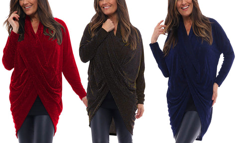 LADIES LUREX GLITTER CROSS OVER FRONT TOP WOMENS SPARKLY DRAPE V-NECK TOP