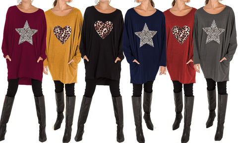 NEW LADIES OVERSIZED LEOPARD STAR HEART PRINT BATWING LOOSE FIT SWEATSHIRT TOP (Copy)
