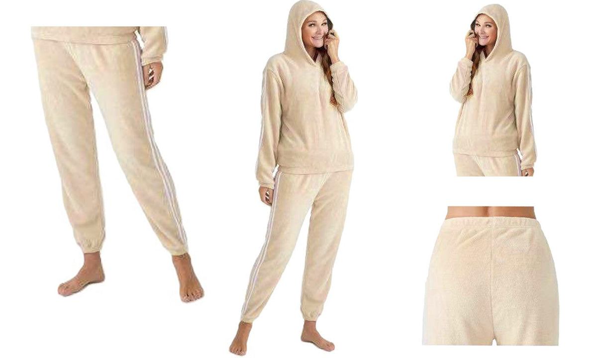NEW LADIES SOFT FEEL FLUFFY HOOD TOP & BOTTOM SUIT COSY WARM LOUNGEWEAR HOME SET
