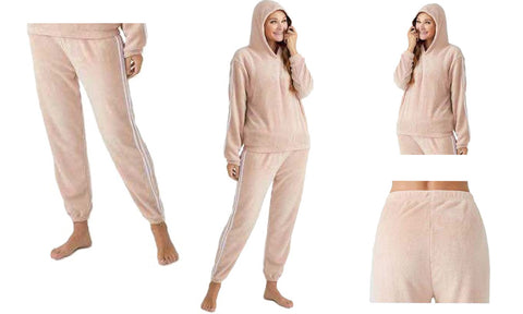 NEW LADIES SOFT FEEL FLUFFY HOOD TOP & BOTTOM SUIT COSY WARM LOUNGEWEAR HOME SET