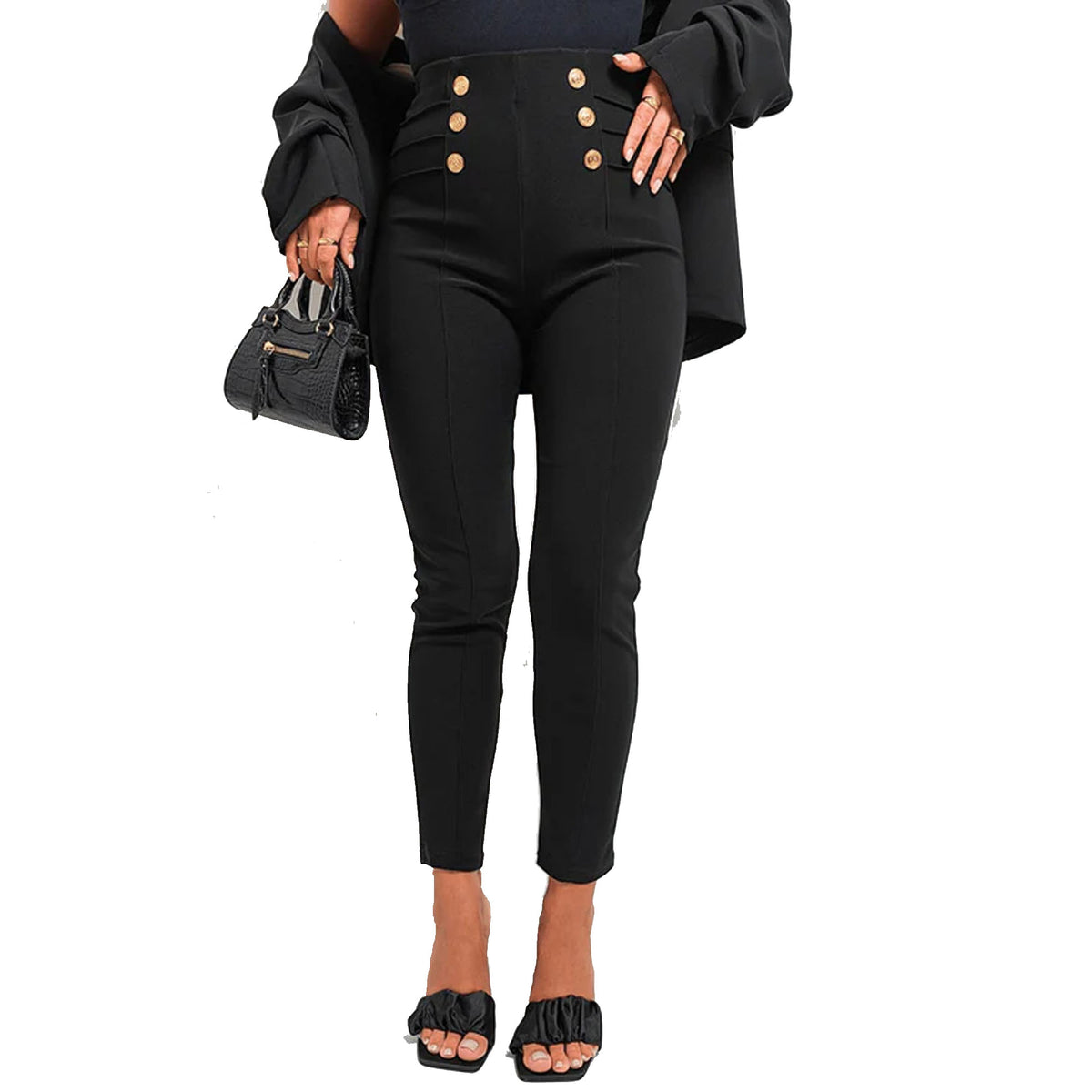 NEW LADIES CLASSIC PLEAT HIGH WAIST GOLD BUTTON TROUSERS WOMENS STRETCH PANTS