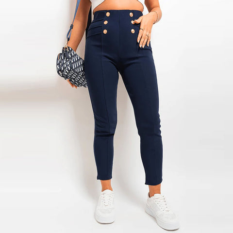 NEW LADIES CLASSIC PLEAT HIGH WAIST GOLD BUTTON TROUSERS WOMENS STRETCH PANTS