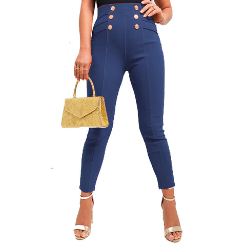 NEW LADIES CLASSIC PLEAT HIGH WAIST GOLD BUTTON TROUSERS WOMENS STRETCH PANTS