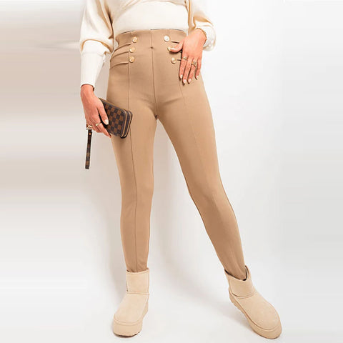 NEW LADIES CLASSIC PLEAT HIGH WAIST GOLD BUTTON TROUSERS WOMENS STRETCH PANTS