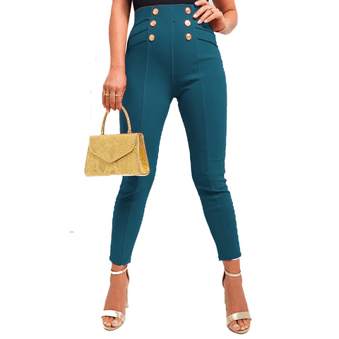 NEW LADIES CLASSIC PLEAT HIGH WAIST GOLD BUTTON TROUSERS WOMENS STRETCH PANTS