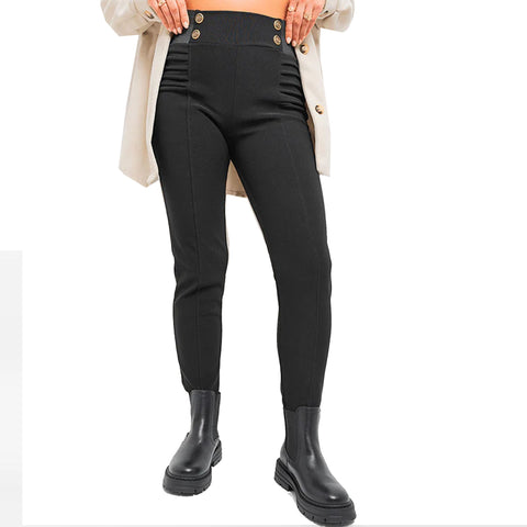 NEW LADIES SMART LOOK BUTTONS RIBBED DETAIL PONTE TROUSERS WOMEN STRETCHY PANTS