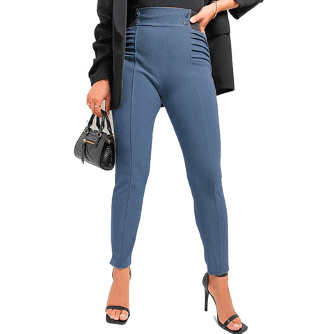 NEW LADIES SMART LOOK BUTTONS RIBBED DETAIL PONTE TROUSERS WOMEN STRETCHY PANTS
