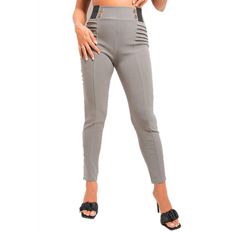 NEW LADIES SMART LOOK BUTTONS RIBBED DETAIL PONTE TROUSERS WOMEN STRETCHY PANTS