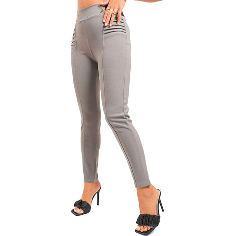 NEW LADIES SMART LOOK BUTTONS RIBBED DETAIL PONTE TROUSERS WOMEN STRETCHY PANTS